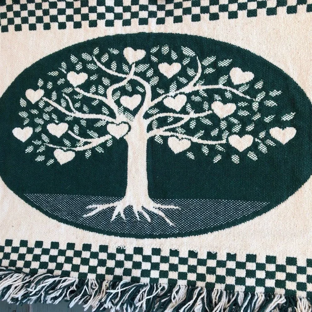 Woven table runner doily heart tree checkerboard country pattern fringe green